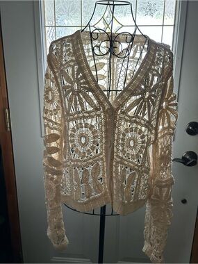 Ultra Pink Crochet Openwork Cardigan in Creamy White Size Large